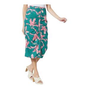 Colleen Lopez Linen Pleated Front Button Trim Midi Skirt SZ Small Deep Jungle